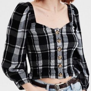 🍊 AEO | Plaid black and white | crop top | 3/4 sleeves | size m
